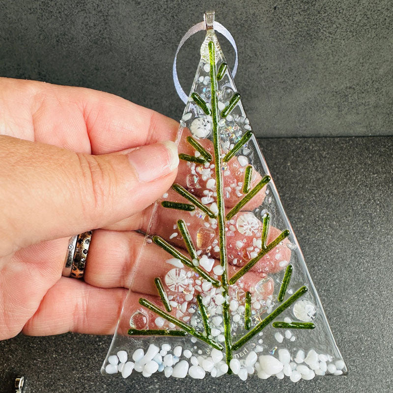 Fused glass green Christmas tree ornament