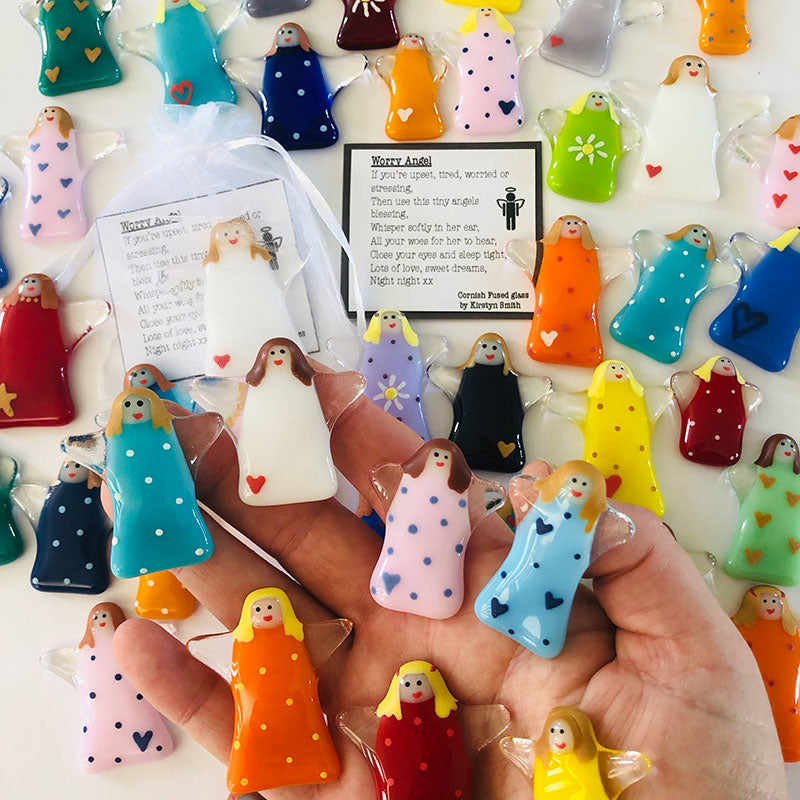 Fused Glass Worry Angels Cute Pocket Charm